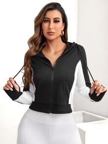 Letter Graphic Contrast Side Seam Drawstring Hooded Sports Jacket - Black and White - View 3