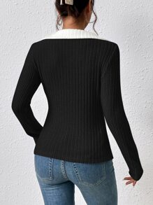 SHEIN Essnce Camiseta de cuello en contraste tejido de canalé - Negro - Ver 2