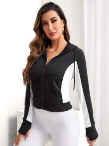 Letter Graphic Contrast Side Seam Drawstring Hooded Sports Jacket - Black and White - View 5