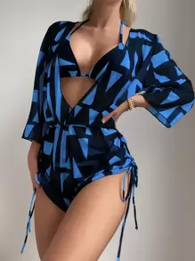 SHEIN Swim 3packs Geo Print Halter Bikini Set & Cover Up Matching Set,Summer Beach - Blue - View 1