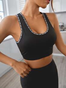 Letter Tape Contrast Mesh Cut Out Back Sports Bra - Black - View 4