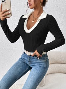 SHEIN Essnce Camiseta de cuello en contraste tejido de canalé - Negro - Ver 4