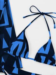 SHEIN Swim 3packs Geo Print Halter Bikini Set & Cover Up Matching Set,Summer Beach - Blue - View 4