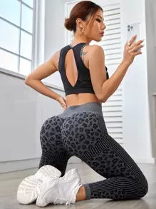 Letter Tape Contrast Mesh Cut Out Back Sports Bra - Black - View 5