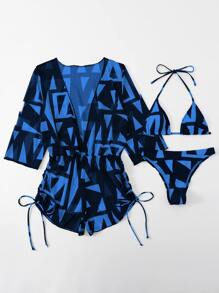 SHEIN Swim 3packs Geo Print Halter Bikini Set & Cover Up Matching Set,Summer Beach - Blue - View 6