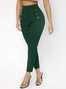 SHEIN PETITE High Waist Double Button Skinny Cropped Pants - Dark Green - View 1