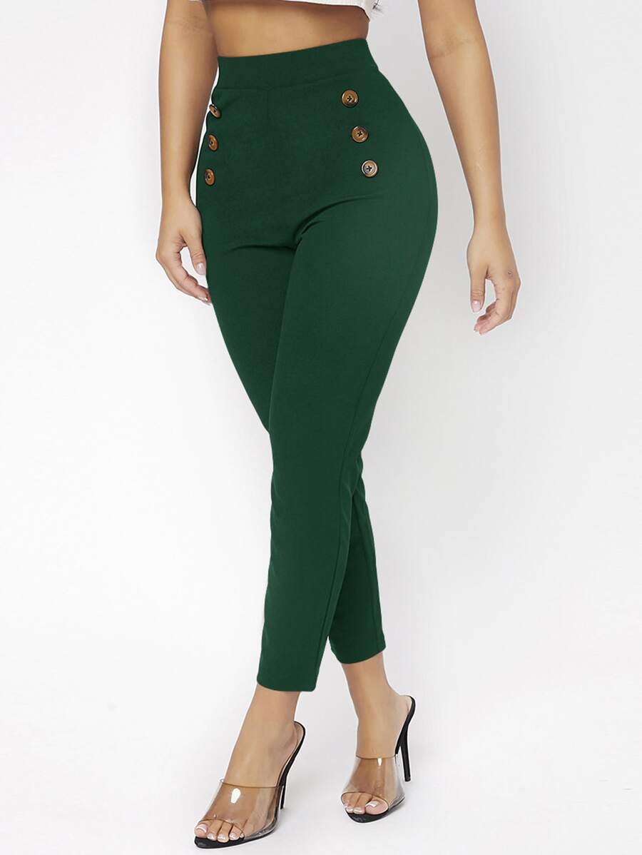 SHEIN PETITE High Waist Double Button Skinny Cropped Pants - Dark Green - View 1