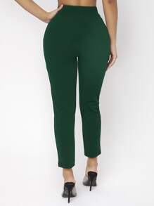 SHEIN PETITE High Waist Double Button Skinny Cropped Pants - Dark Green - View 2