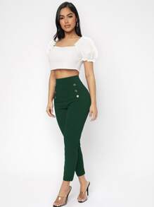 SHEIN PETITE High Waist Double Button Skinny Cropped Pants - Dark Green - View 3