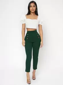 SHEIN PETITE High Waist Double Button Skinny Cropped Pants - Dark Green - View 5