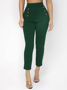 SHEIN PETITE High Waist Double Button Skinny Cropped Pants - Dark Green - View 6