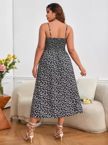 Dreamara 大碼碎花高衩吊帶洋裝 - 黑與白 - 查看 2
