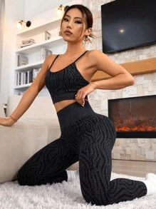 Yoga Trendy 2入組無縫斑馬條紋運動套裝瑜伽套裝吊帶上衣和收復緊身打底褲 - 深灰色 - 查看 3