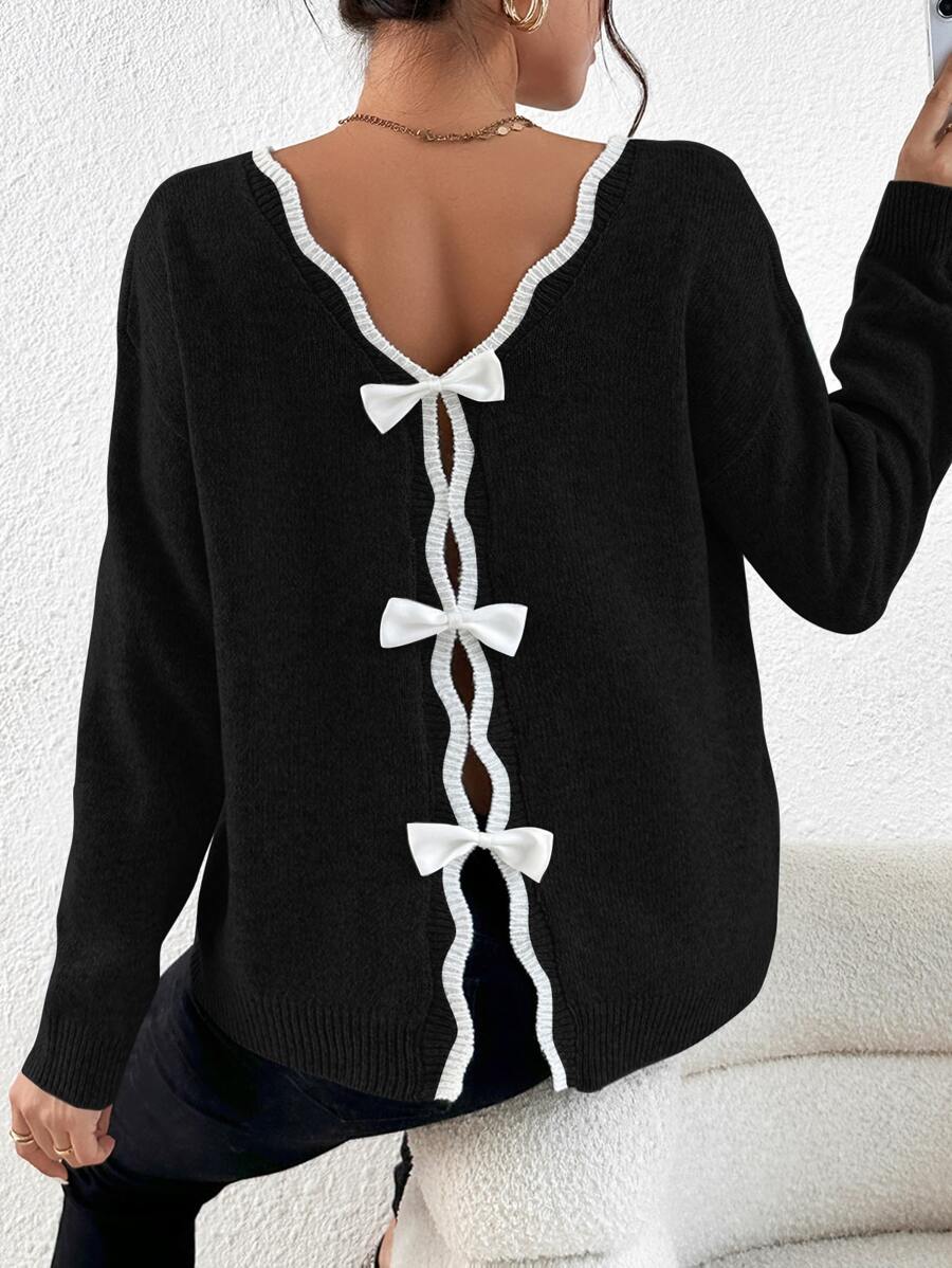 SHEIN Frenchy Contrast Trim Bow Back Drop Shoulder Jumper - Black - View 1