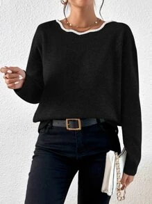 SHEIN Frenchy Contrast Trim Bow Back Drop Shoulder Jumper - Black - View 4