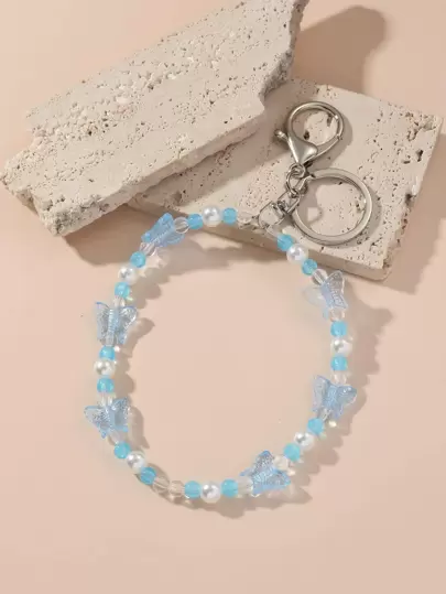 蝴蝶和人造珍珠裝飾串珠吊墜鑰匙圈