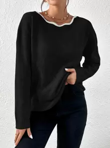 SHEIN Frenchy Contrast Trim Bow Back Drop Shoulder Jumper - Black - View 5