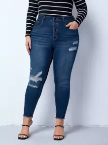 Plus Button Fly Ripped Raw Hem Skinny Jeans - Dark Wash - View 1