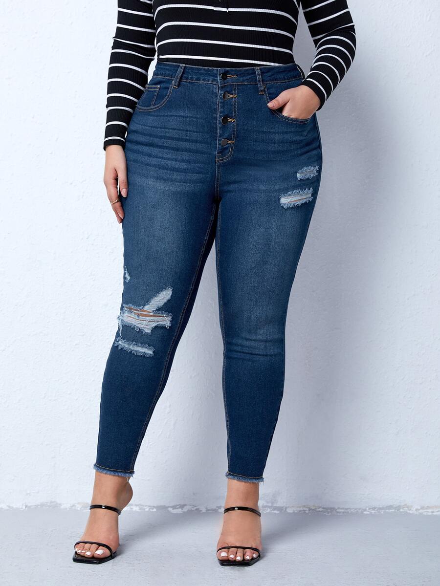 Plus Button Fly Ripped Raw Hem Skinny Jeans - Dark Wash - View 1