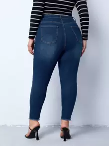 Plus Button Fly Ripped Raw Hem Skinny Jeans - Dark Wash - View 2