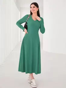 Mulvari Solid V Neck A-line Dress - Green - View 1
