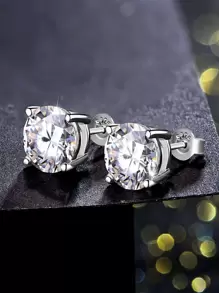 1對 5 毫米 4 爪圓形方晶鋯石銀質經典耳釘時尚首飾母親節禮物女童 - 銀色 - 查看 7