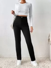 SHEIN Frenchy 女士纯色日常直筒裤 - 黑色 - 查看 3