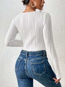 SHEIN Frenchy Scoop Neck Ribbed Knit Tee Bodysuit Winter White - White - View 2