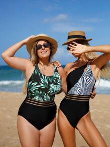 Bikinx 大碼熱帶圖案網紗拼接連體泳衣 - 彩色 - 查看 6