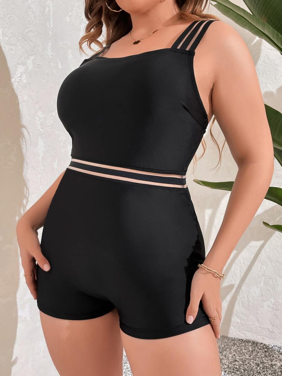 SHEIN Swim Curve Summer Beach Plus Contrast Mesh One Piece Swimsuit - Black - View 1