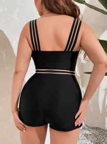 SHEIN Swim Curve Summer Beach Plus Contrast Mesh One Piece Swimsuit - Black - View 2