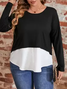 Calvaya 大碼雙色假兩入組T恤 - 黑與白 - 查看 4