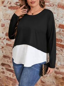 Calvaya 大碼雙色假兩入組T恤 - 黑與白 - 查看 1