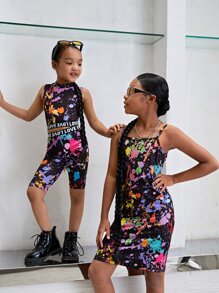 SHEIN Conjunto de top de manga corta y shorts con estampado de letras para niña, ideal para verano, vacaciones y viajes