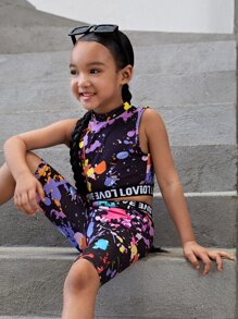 SHEIN Conjunto de top de manga corta y shorts con estampado de letras para niña, ideal para verano, vacaciones y viajes