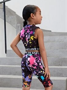 SHEIN Conjunto de top de manga corta y shorts con estampado de letras para niña, ideal para verano, vacaciones y viajes