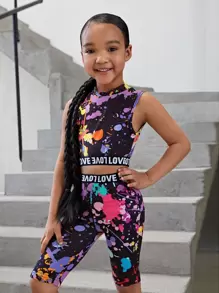 SHEIN Conjunto de top de manga corta y shorts con estampado de letras para niña, ideal para verano, vacaciones y viajes