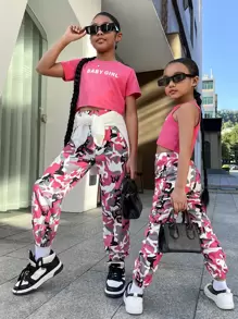 SHEIN Toddler Girls 1pc Letter Graphic Cami Top & 1pc Camo Print Pants - Multicolor - View 6