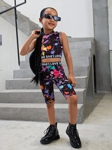 SHEIN Conjunto de top de manga corta y shorts con estampado de letras para niña, ideal para verano, vacaciones y viajes