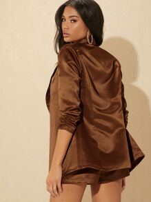 Hauture Solid Ruched Sleeve Blazer & Shorts Set - Coffee Brown - View 2