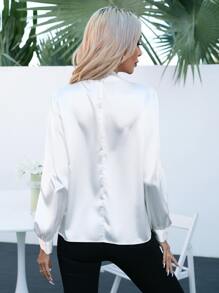 SHEIN Essnce Solid Lantern Sleeve Tie Neck Shirt - White - View 3
