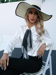 SHEIN Essnce Solid Lantern Sleeve Tie Neck Shirt - White - View 5