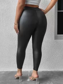 Calvaya Plus High Waist PU Leather Leggings - Black - View 2