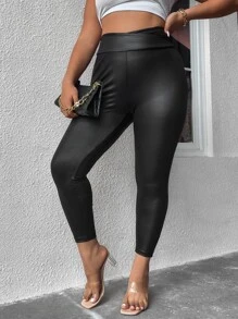 Calvaya Plus High Waist PU Leather Leggings - Black - View 4