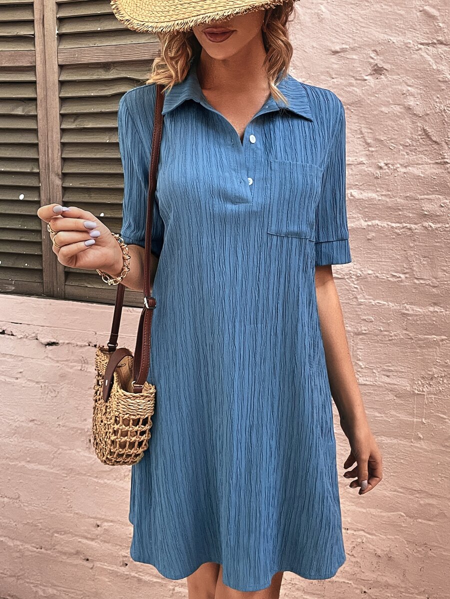 SHEIN VCAY Polo Neck Pocket Patched Dress - Dusty Blue - View 1