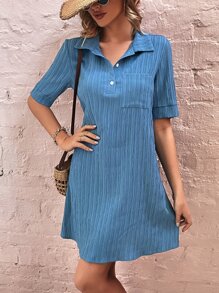 SHEIN VCAY Polo Neck Pocket Patched Dress - Dusty Blue - View 6