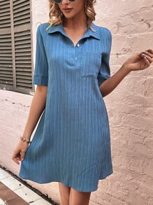 SHEIN VCAY Polo Neck Pocket Patched Dress - Dusty Blue - View 3