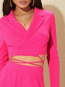 Hauture Wrap Tie Crop Blazer & Shorts Set - Hot Pink - View 3