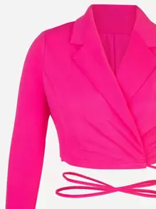 Hauture Wrap Tie Crop Blazer & Shorts Set - Hot Pink - View 6