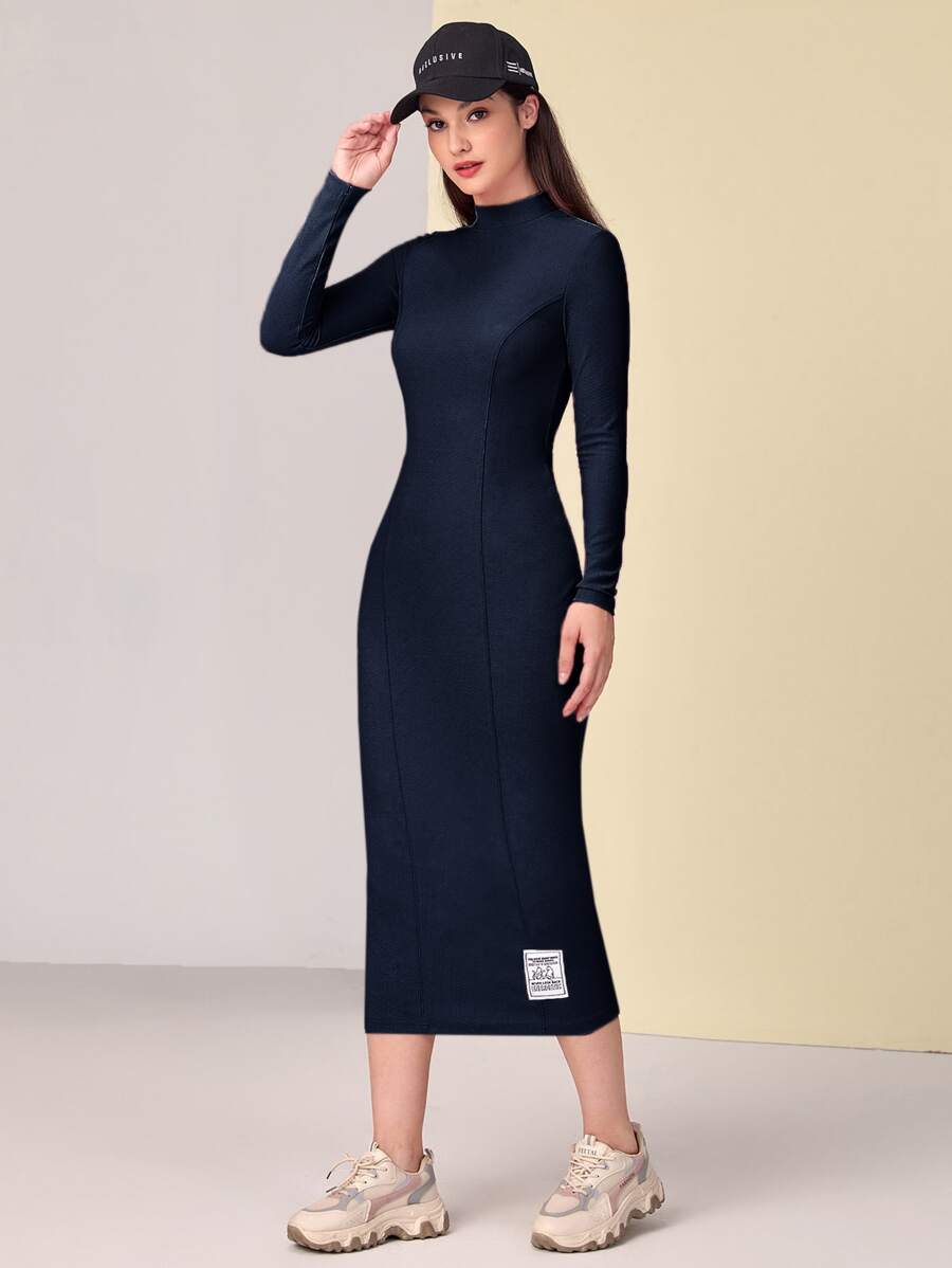 Mulvari Mock Neck Patch Detail Dress - Navy Blue - View 1